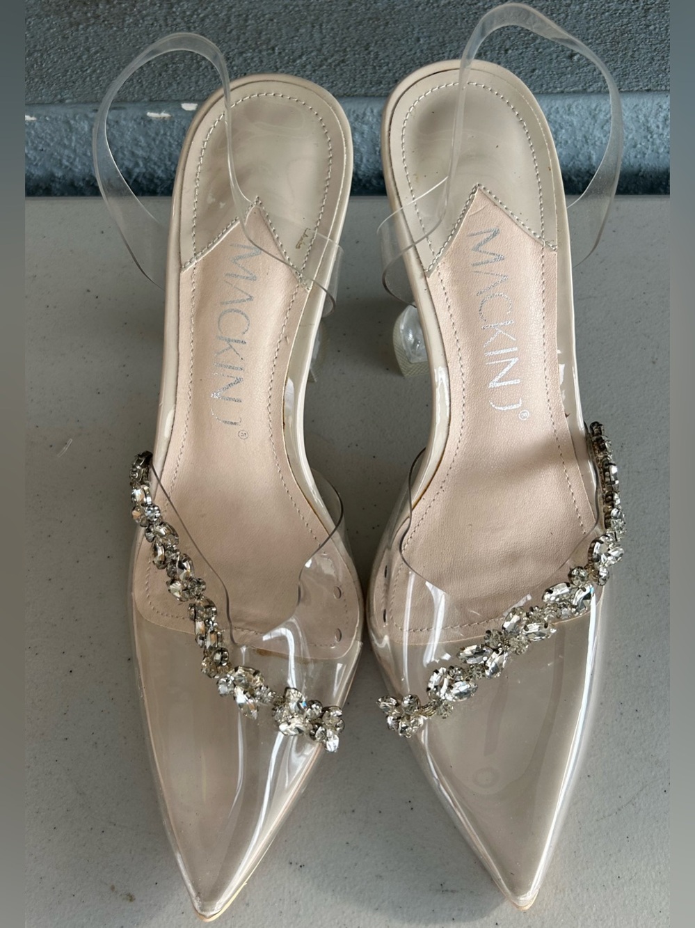 MackinJ Clear Pointed Toe Heels Rhinestone Strap Slingback Pumps Size 10 Formal